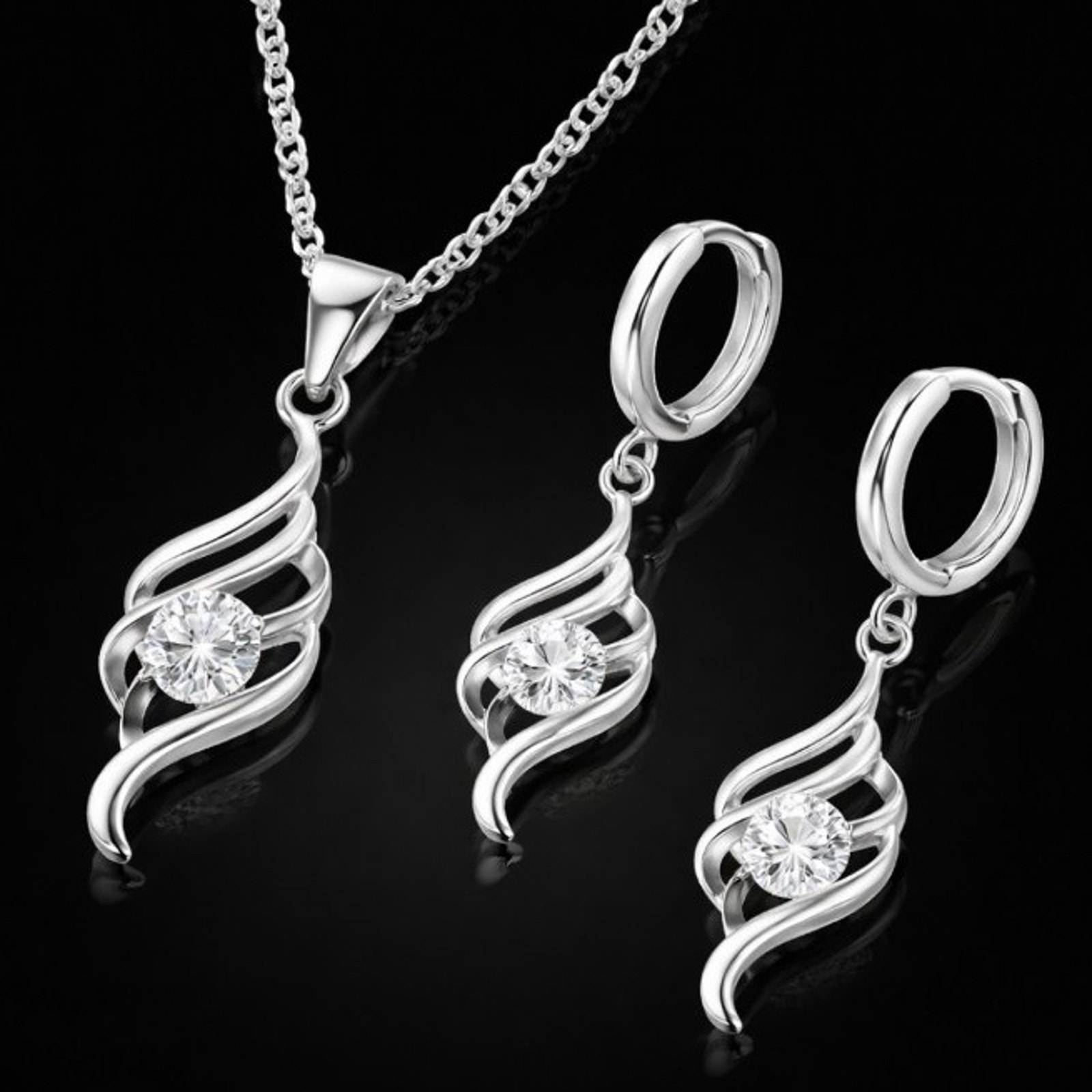 Sterling Silver Plated Cz Swirl Pendant Necklace & Drop Hoop Earrings Set